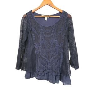 Whimisgoth Tantrums Floral Embroidered Mesh Top Navy Size S